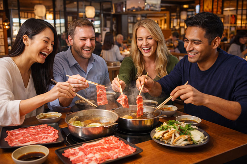 Tourists enjoying shabu shabu and sukiyaki together at Momo Paradise restaurant in Tokyo