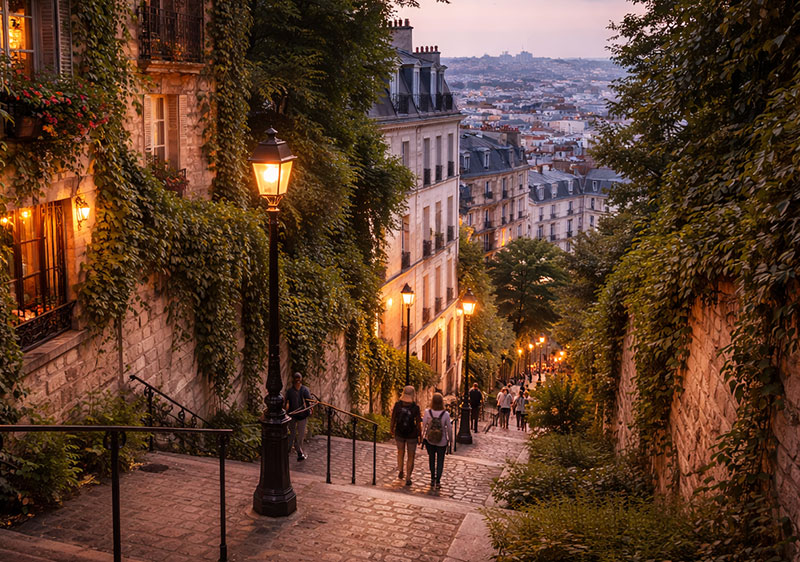 A steep, cobblestone staircase in Montmartre, Paris, illustrating the difficulty of the terrain for travelers.
