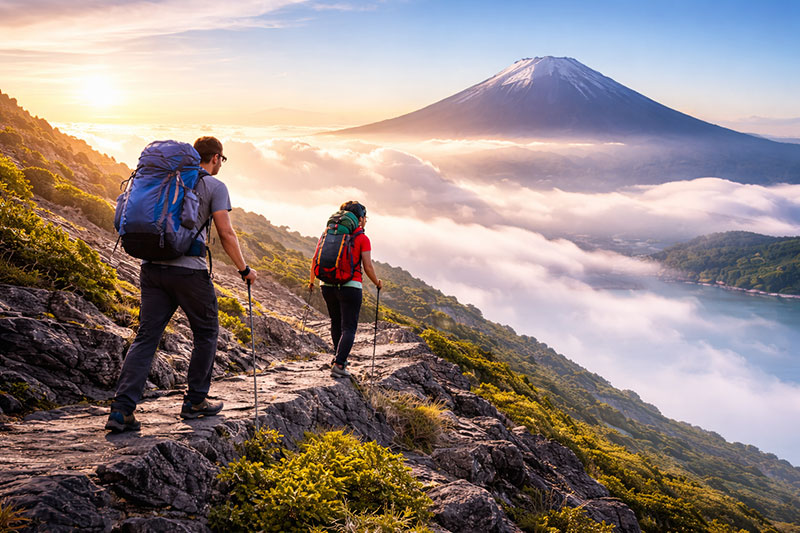 Hikers ascending Mount Fuji at sunrise with trekking poles, rocky volcanic trail in the foreground and Mount Fuji rising above the clouds.