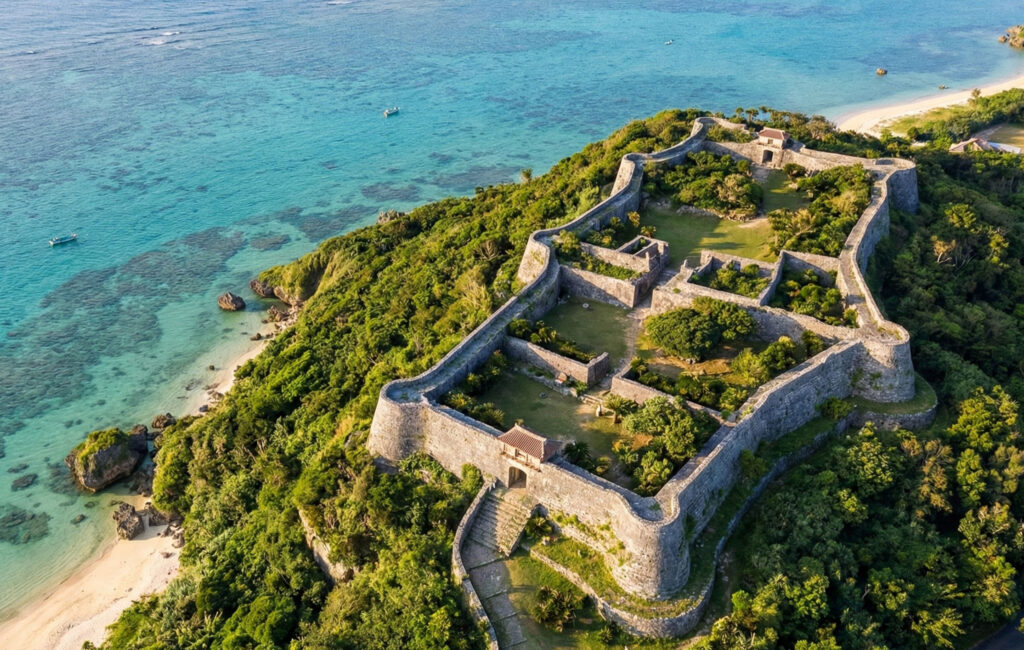 Aerial view of Nakagusuku Castle Ruins in Okinawa, showing ancient curved stone walls on a hilltop overlooking the deep blue ocean.