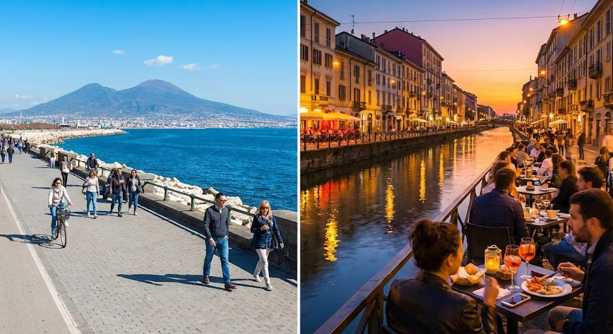 The upscale waterfront promenade of Chiaia in Naples contrasted with the vibrant Navigli canal nightlife in Milan