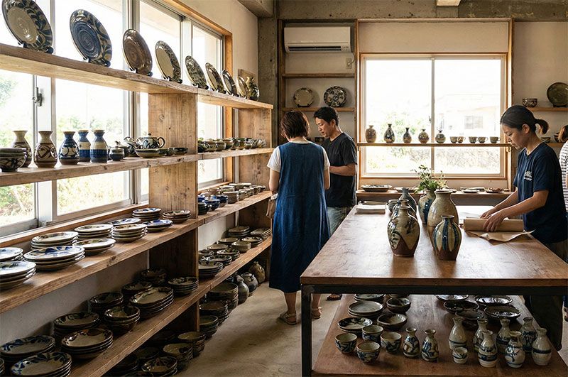 Interior view of the North Kiln collective shop in Yachimun no Sato, featuring wooden shelves stacked with handmade Okinawan ceramic plates, bowls, and cups in earthy tones.