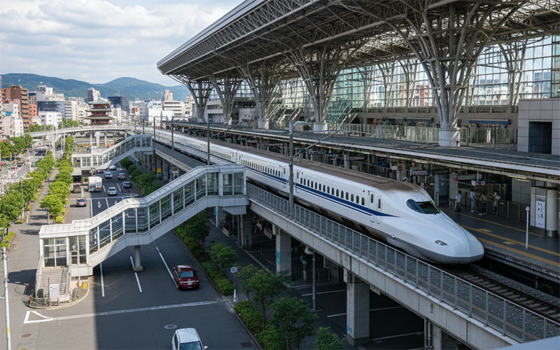 A sleek white Nozomi Shinkansen bullet train pulled into the modern, glass-canopied Kyoto Station with a cityscape and temple pagoda in the background.