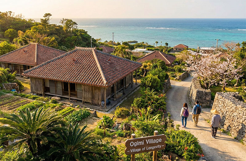 Scenic view of Ogimi Village in Okinawa, Japan, featuring traditional wooden houses with red-tiled roofs, lush gardens, and a wooden sign reading "Ogimi Village - Village of Longevity" with the blue ocean in the background.
