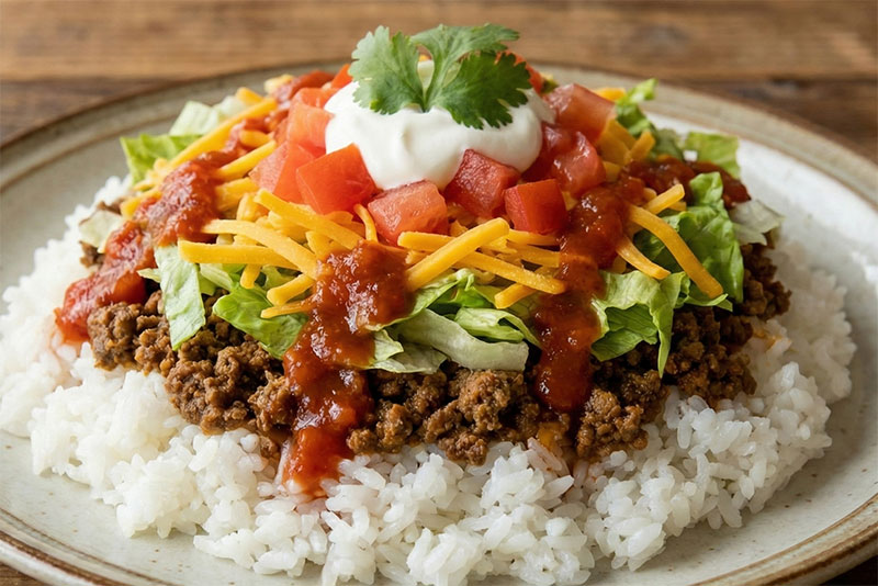A close-up view of a bowl of Okinawa Taco Rice featuring seasoned ground beef, shredded cheese, fresh lettuce, and tomatoes served over white steamed rice.