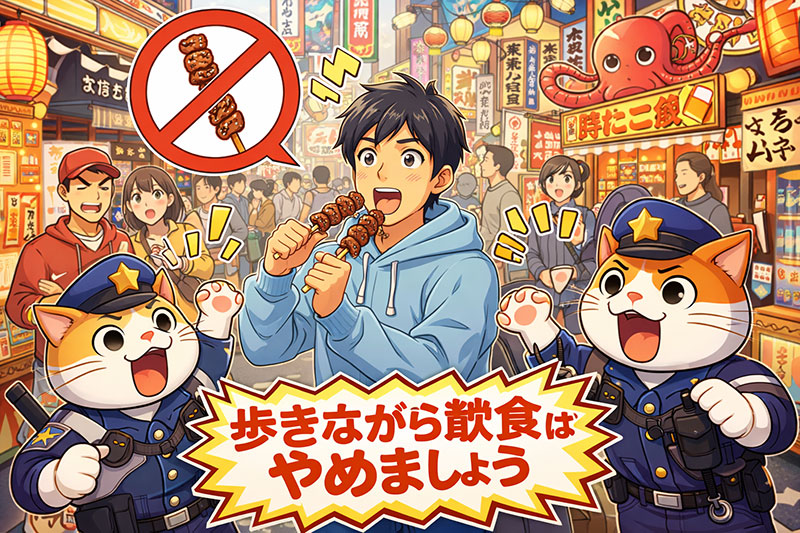 Anime-style illustration of a person eating meat skewers while walking in a crowded Osaka street food area, with humorous characters warning against eating on the go.