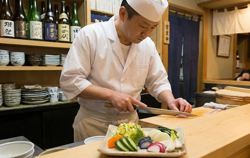 A ceramic plate filled with an assortment of crisp Japanese pickles (Oshinko), including daikon radish and cucumber, sitting on a wooden sushi counter with a chef working in the background.