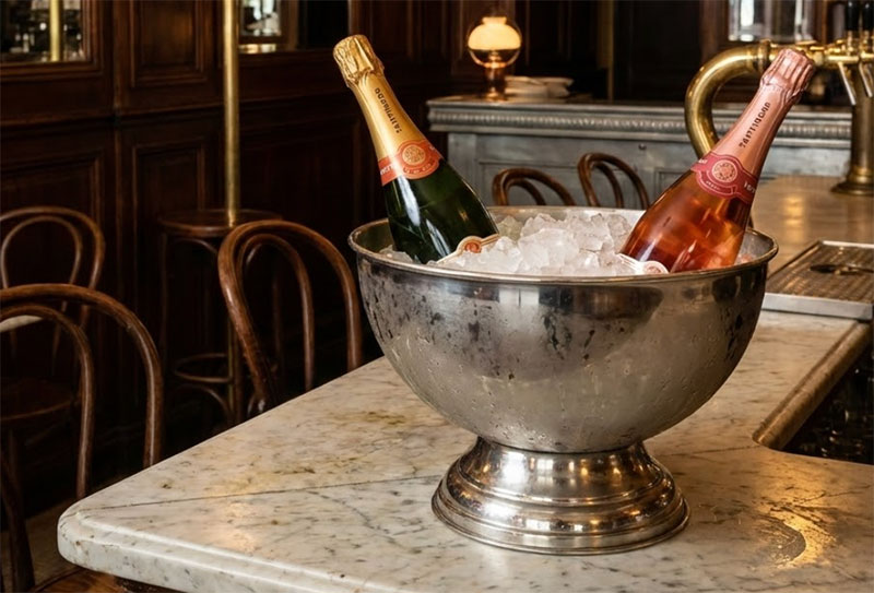 A chilled bottle of Grower Champagne (RM) sitting in a silver ice bucket on a marble bar counter inside a dimly lit, classic Parisian bistro.