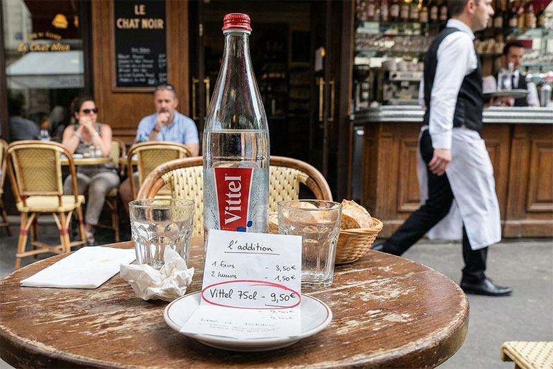 A close-up photograph of a Parisian bistro table showing a bottle of Vittel water and a handwritten bill with a red circle around the high price of €9.50, illustrating an expensive tourist mistake.