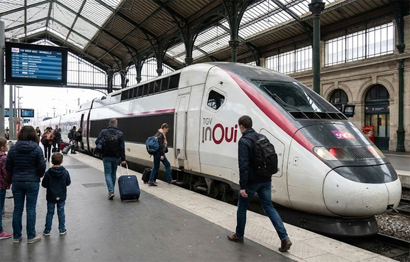 Travelers with luggage waiting on a platform next to a sleek white and red TGV high-speed train inside a historic Paris train station.