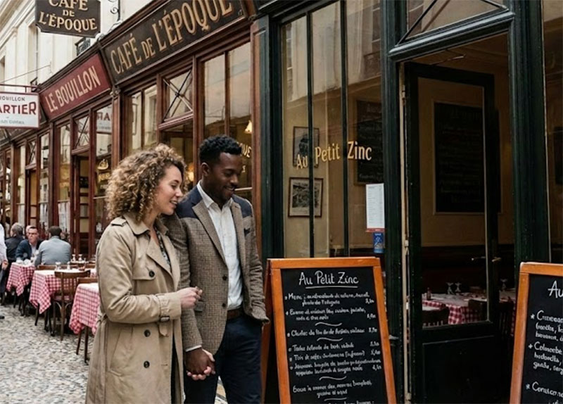 A traveler walking through the covered Passage des Panoramas in Paris, looking for lunch at small bistros with vintage signage.