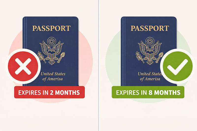 Close-up of an open U.S. passport identification page with a focus on the expiration date to remind travelers to check entry requirements before booking international flights.