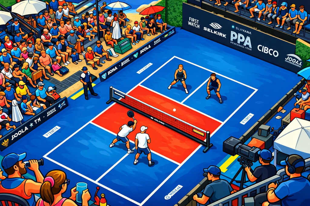 artoon illustration of a pro pickleball tournament with a blue and red court, cheering crowd, and PPA and JOOLA branding.