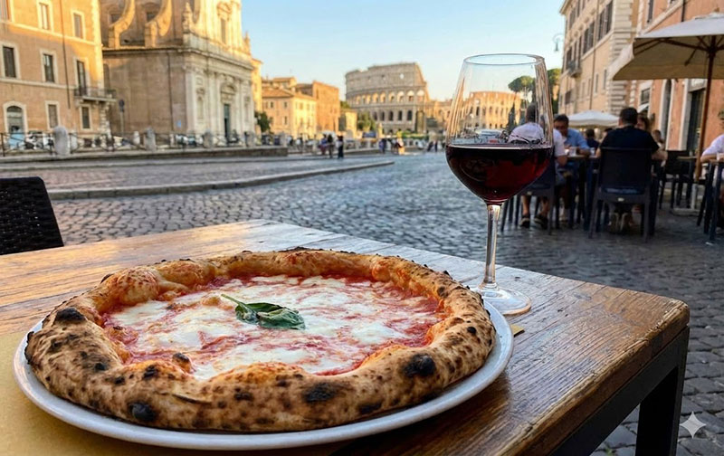 A fresh Neapolitan margherita pizza and a glass of red wine on a rustic wooden table outdoors, set against a backdrop of cobblestone streets and the Colosseum in Rome, Italy