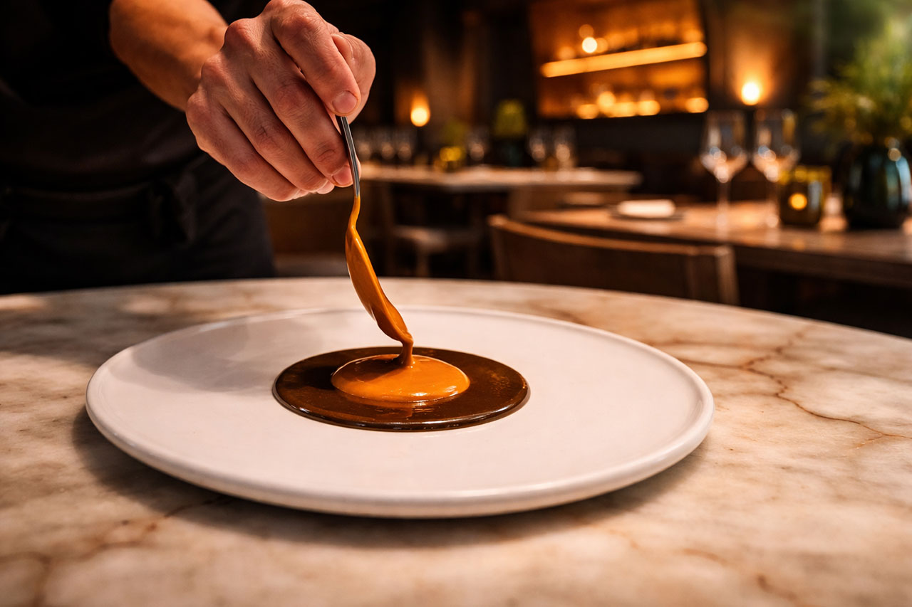 A minimalist plating of Pujol's signature Mole Madre, featuring a dark, aged center circle of mole surrounded by a ring of fresh, bright red mole on a dark artisan plate