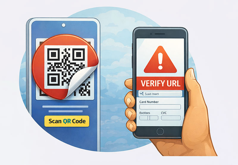 Illustration showing a hand holding a smartphone that has scanned a tampered QR code sticker. The phone screen displays a large red warning triangle and the text 'VERIFY URL' above a fraudulent credit card payment form