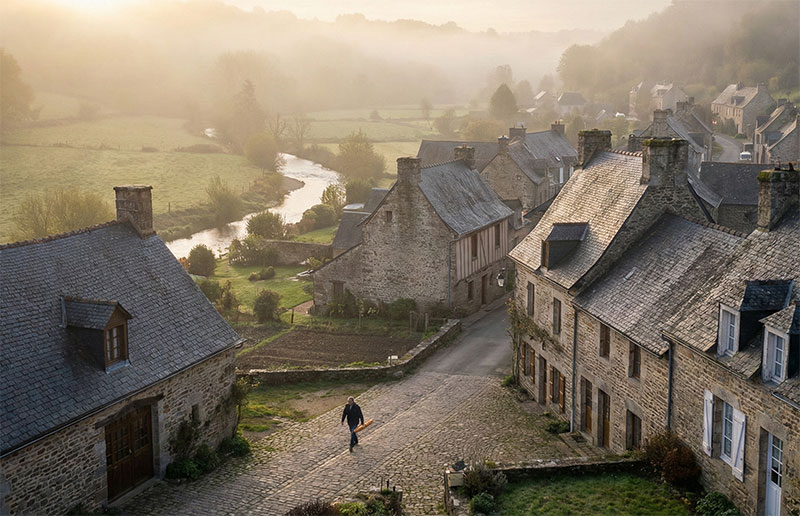 Morning mist over a quiet stone village in the French countryside with no tourists