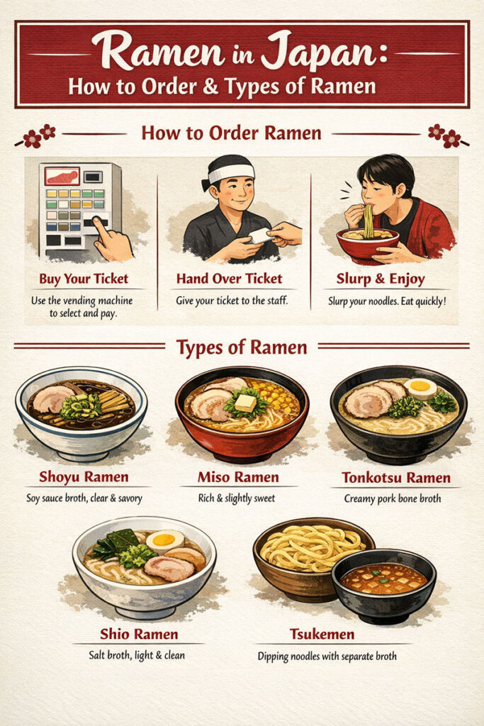 Infographic showing how to order ramen in Japan and the main ramen types, including shoyu ramen in Tokyo, miso ramen in Hokkaido, tonkotsu ramen in Kyushu, shio ramen, and tsukemen with regional highlights.