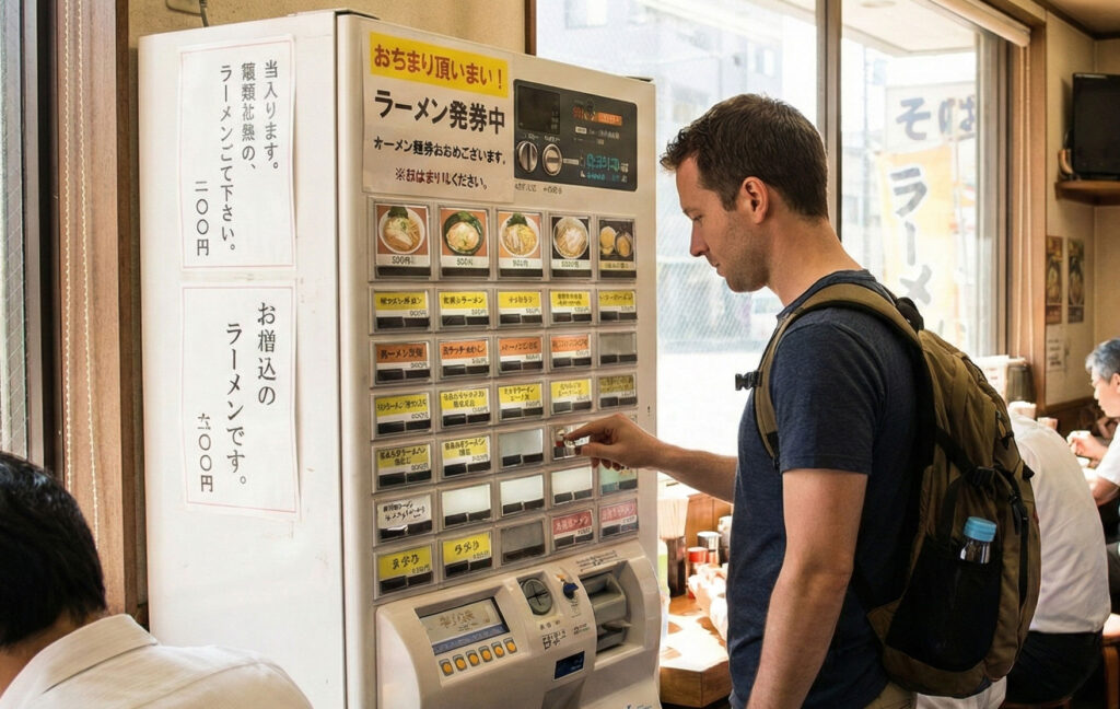 A solo traveler standing in front of a button-filled ticket vending machine in a bright, sunlit Japanese ramen shop, selecting their meal order