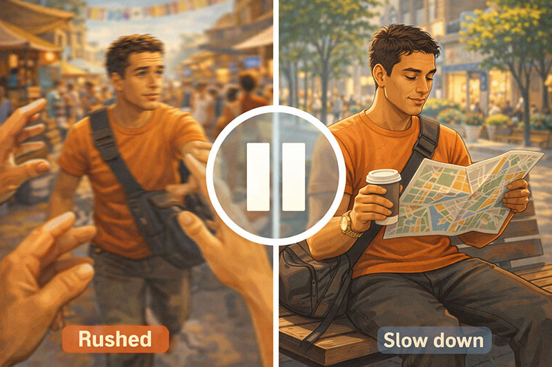 Conceptual split image: on the left, a chaotic, rushed traveler in a market; on the right, a calm traveler pausing to look at a map, illustrating the "slow down" safety rule