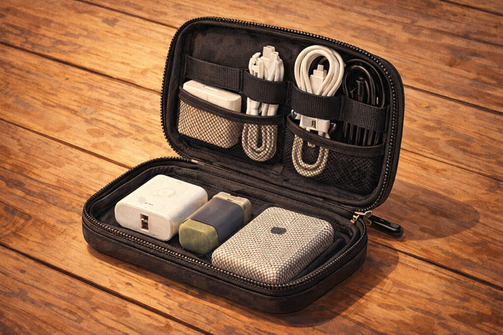Illustration of an open travel tech organizer on a wooden table, neatly packed with a white power adapter, portable charger, and rolled charging cables in mesh pockets.