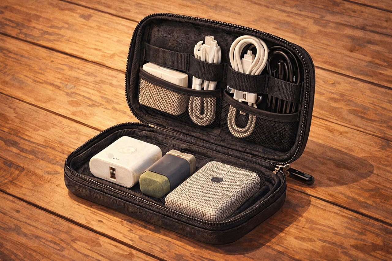 Illustration of an open travel tech organizer on a wooden table, neatly packed with a white power adapter, portable charger, and rolled charging cables in mesh pockets.