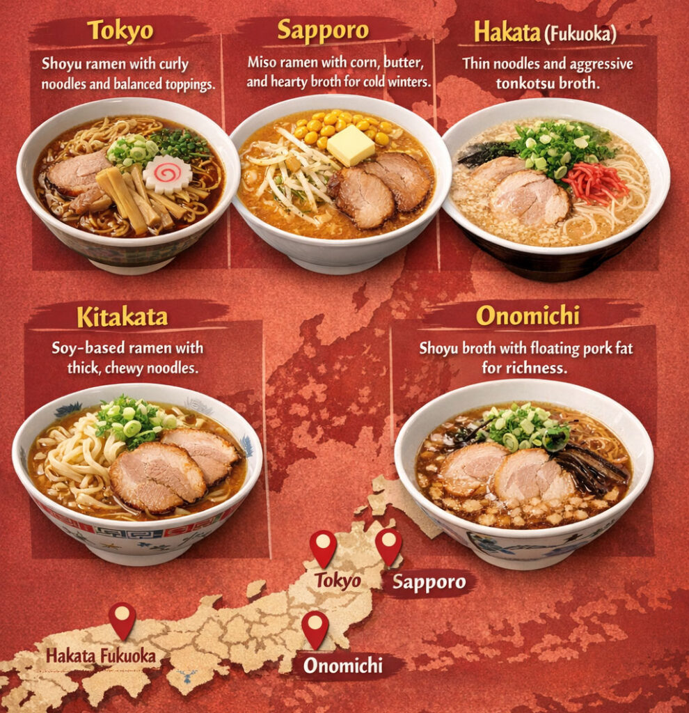 Infographic showing how to order ramen in Japan and major regional ramen styles including Tokyo shoyu, Sapporo miso, Hakata tonkotsu, Kitakata soy ramen, and Onomichi shoyu.