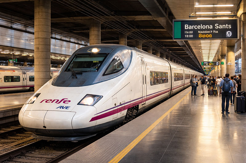 Renfe AVE high-speed train stopped at Barcelona Sants station with passengers boarding on the platform