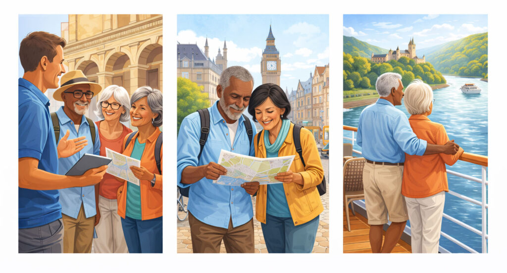 Visual comparison of retirement travel styles: a small group tour, independent city exploration, and a scenic river cruise.