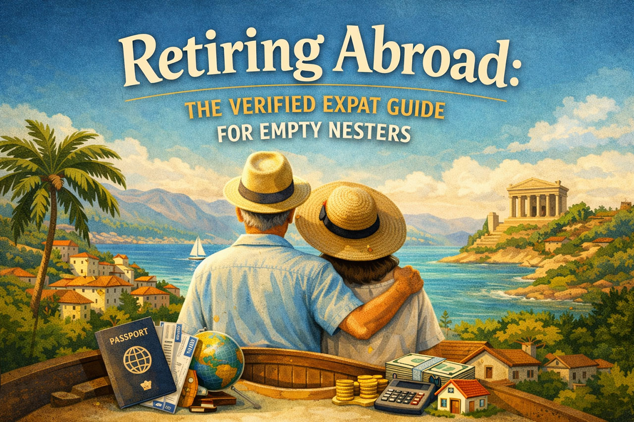 Digital illustration of an older couple overlooking a Mediterranean coast, titled Retiring Abroad: The Verified Expat Guide for Empty Nesters.