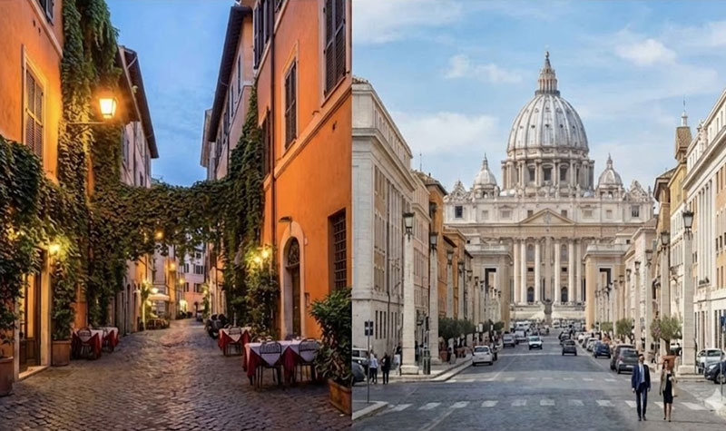 Split image showing the ivy-covered cobblestone streets of Trastevere versus the wide, orderly streets of the Prati district near the Vatican.