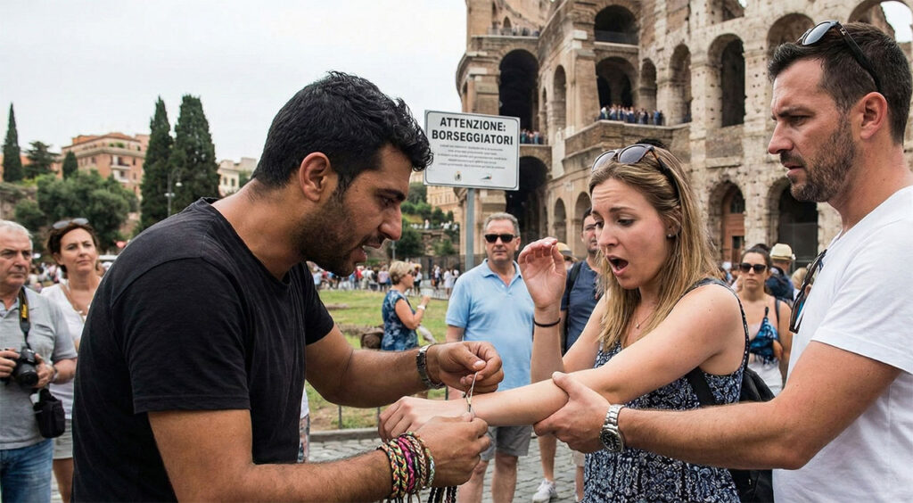 A street scammer in Rome attempting to tie a woven bracelet onto the wrist of a confused male tourist near a historic landmark, while demanding payment.