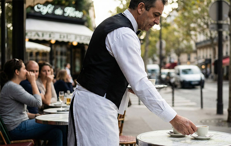A waiter serving espresso at a sidewalk cafe table in the Saint-Germain-des-Prés neighborhood of Paris.