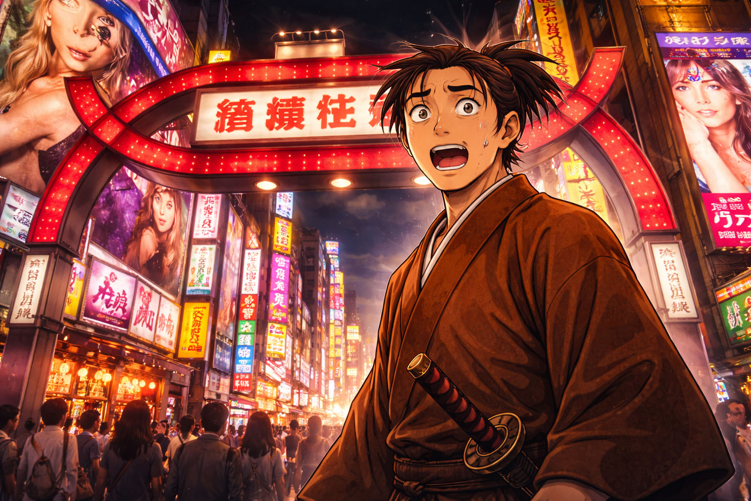 Anime-style samurai standing at the Kabukicho gate in Tokyo at night, wide-eyed and surprised as neon signs and towering images glow behind him
