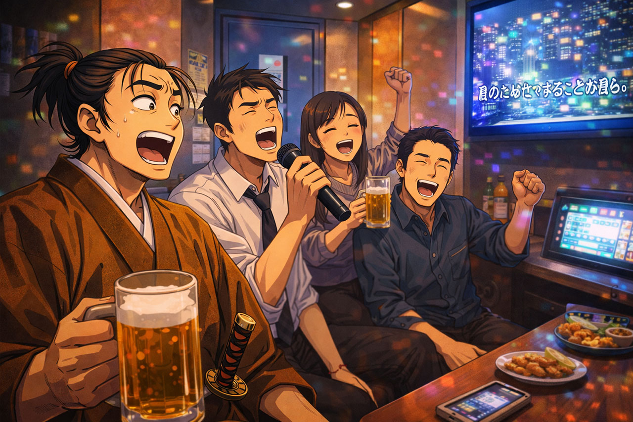 Anime-style samurai singing karaoke with locals in a small private room at night in Tokyo, with microphone and lyrics on a screen