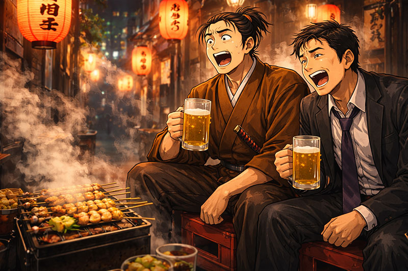 Anime-style samurai sitting in a smoky yakitori alley at night in Omoide Yokocho, sharing beer with a Japanese businessman under glowing lanterns