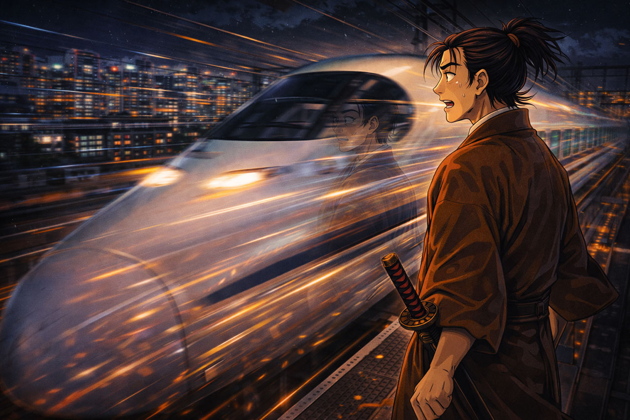 Anime-style samurai standing at night in Tokyo as a Shinkansen bullet train speeds past, with motion blur light trails and his reflection ghosted in the train window