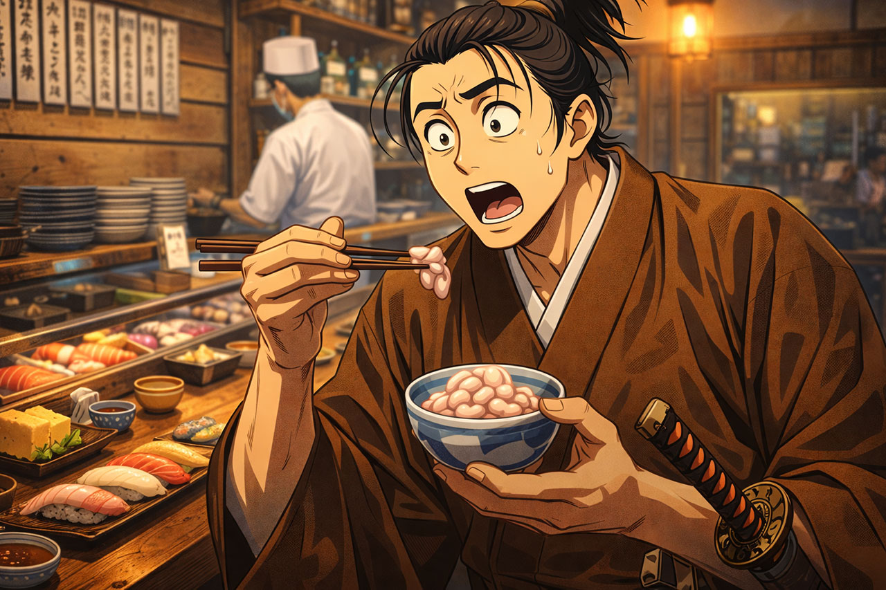 Anime-style samurai at a traditional Tokyo sushi counter, surprised while eating shirako (cod sperm sac) with chopsticks
