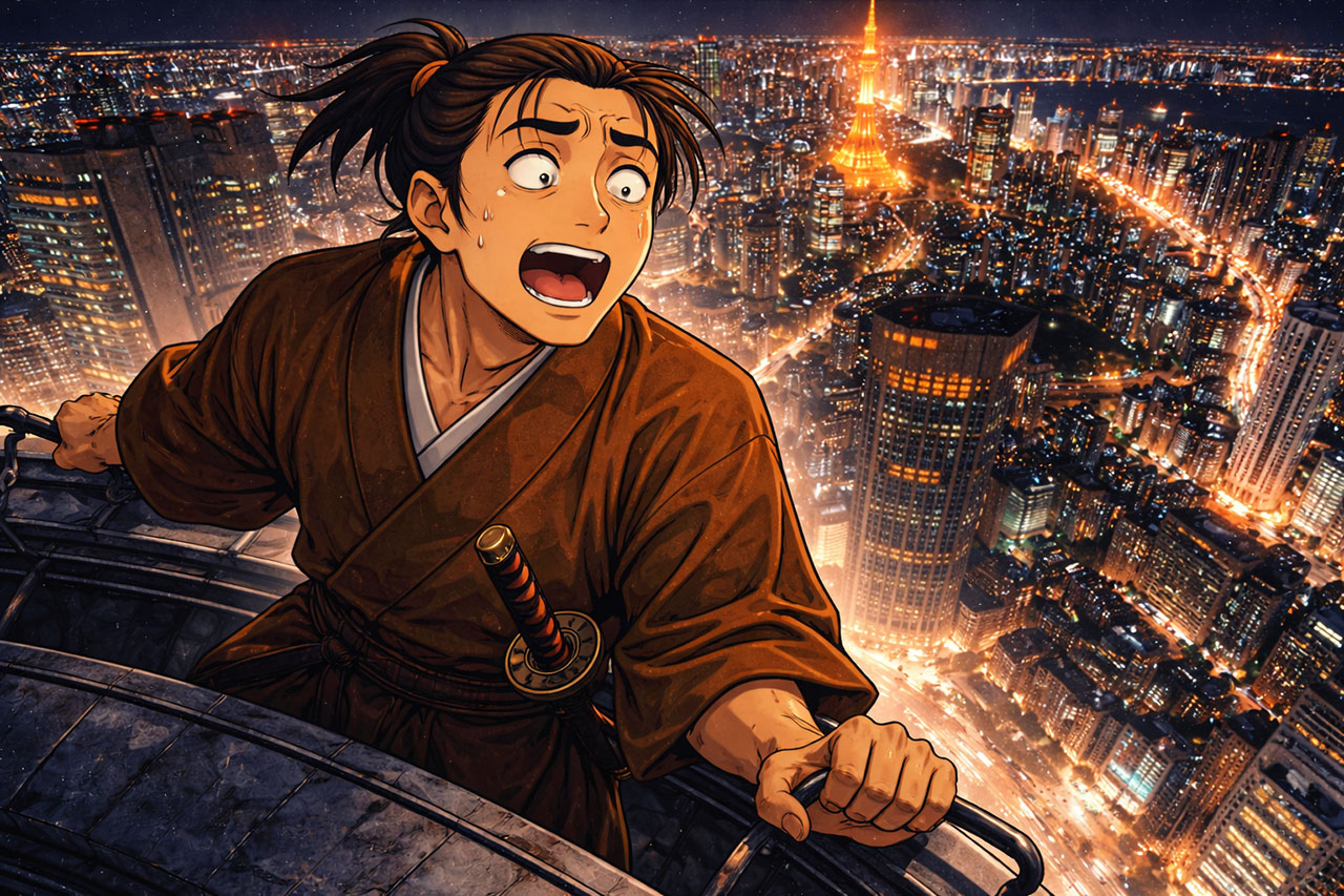 Anime-style samurai gripping the edge of a skyscraper at night, visibly terrified of the height while overlooking the glowing city below from Roppongi Hills Mori Tower
