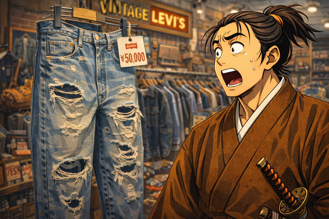 Anime-style samurai looking shocked at a ¥50,000 price tag on distressed vintage Levi’s jeans inside a Tokyo thrift store