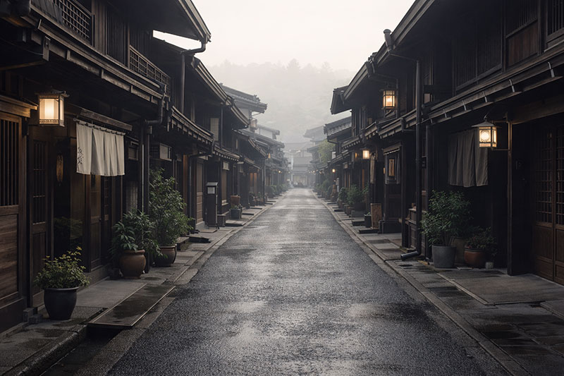 Quiet morning street in the Sanmachi Suji district of Takayama, Japan, lined with preserved Edo-period wooden merchant houses and no tourists