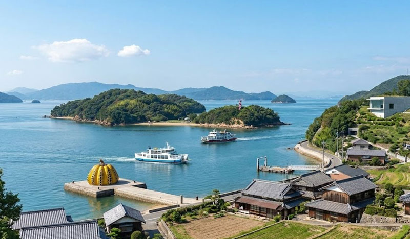 The iconic yellow pumpkin sculpture with black polka dots by Yayoi Kusama sitting at the end of a pier on Naoshima Island, overlooking the calm blue waters of the Seto Inland Sea.