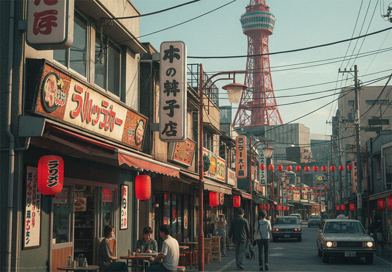 Retro street view of Shinsekai district and Tsutenkaku Tower in Osaka.