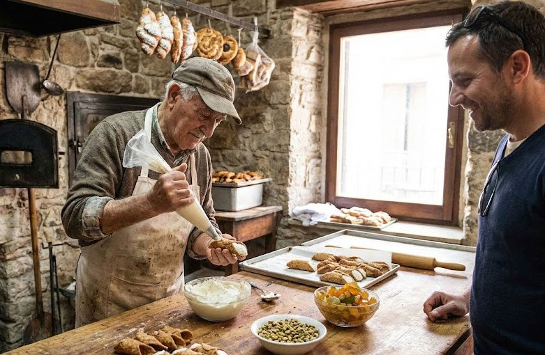An older Italian baker filling a fresh cannoli shell with sweet ricotta cream in a rustic stone-walled bakery in Sicily, surrounded by bowls of pistachios and candied fruit.