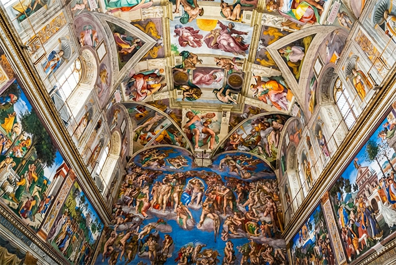View of Michelangelo's famous fresco ceiling in the Sistine Chapel, Vatican Museums.