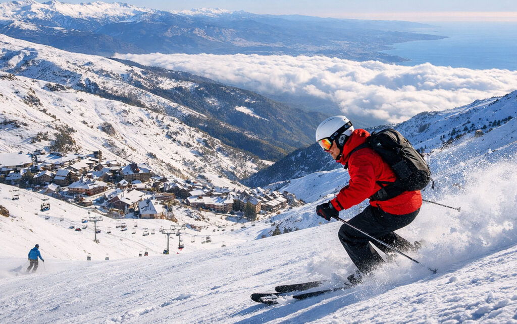 Skier descending a snowy slope in the Sierra Nevada mountains of southern Spain with coastal views in the distance