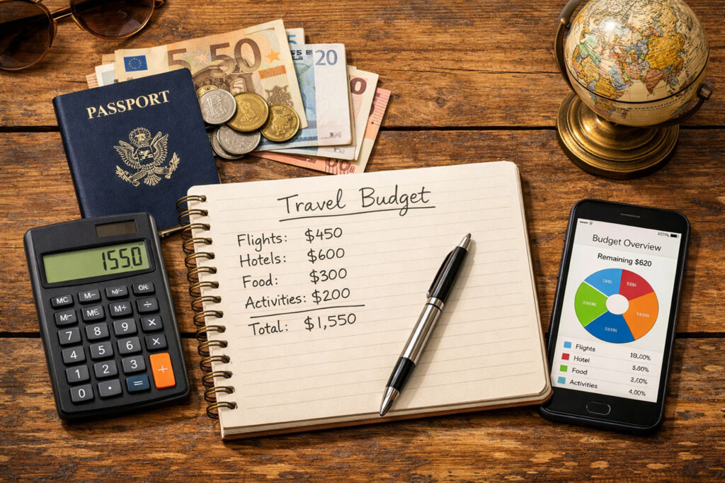 A traveler's planning desk with a budget notebook, calculator, and foreign currency.