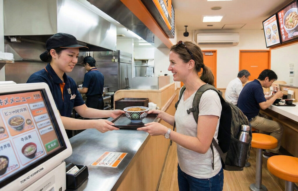 A female traveler sits at a counter in a bright, casual Japanese fast-food chain restaurant, eating a beef bowl (gyudon) with chopsticks, surrounded by condiments.