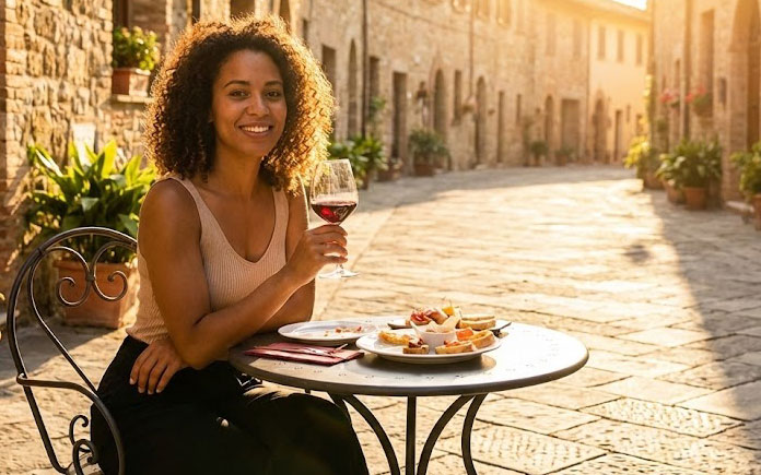 A mixed-race solo female traveler smiling and holding a glass of red wine at an outdoor cafe table in a sun-drenched Italian street during golden hour.