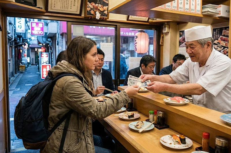 A solo female traveler with a backpack handing Japanese Yen banknotes to a smiling sushi chef across a wooden counter in a small, traditional restaurant in Tokyo.